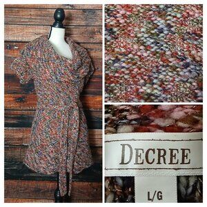 Decree Tunic Sweater L Belted Cowl Neck Short Sleeve Multicolor Wool Blend